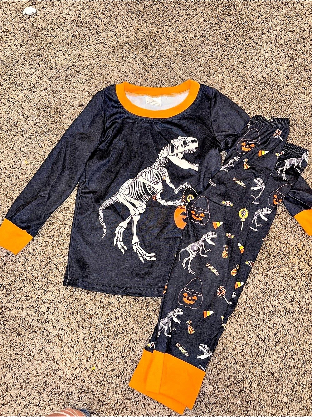 Halloween Dinosaur Skeleton Pajama Set in Black & Orange